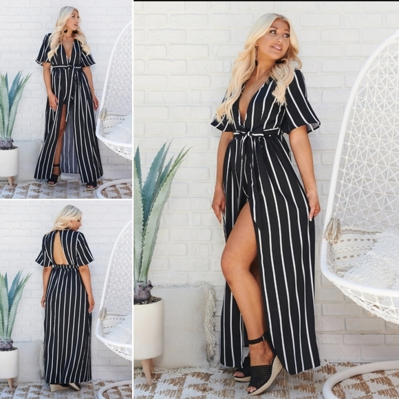 Private Label Dresses & Skirts - Black White Striped Maxi Dress Romper S Plunge Tie Waist Open Back